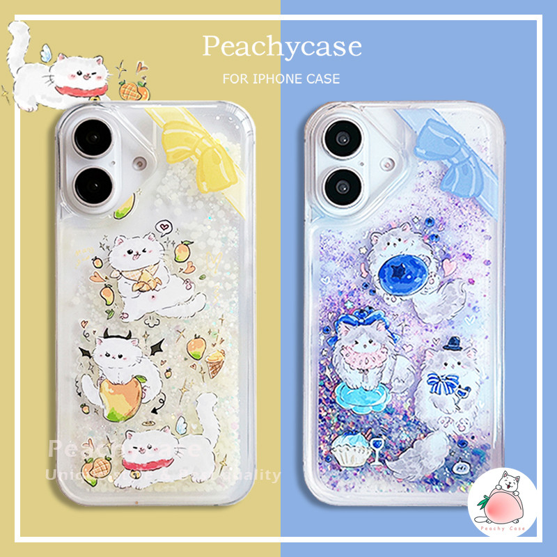 Kawaii Bowknot บลูเบอร์รี่ Mango Cat Luminous Quicksand เคสโทรศัพท์สําหรับ iPhone 16 15 14 Plus 13 12 11 Pro Max Xr Xs Max 8 7 6 6s โปร่งใส TPU ปลอกกันกระแทก