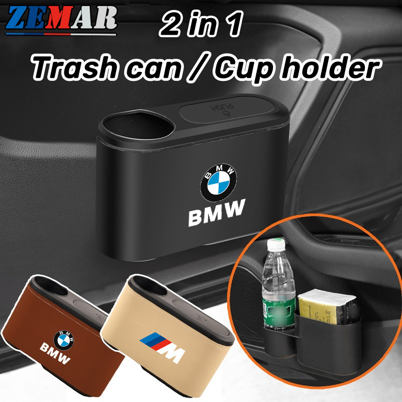 2 IN 1 BMW ถังขยะในรถ ถังขยะรถยนต์พร้อมที่วางแก้ว ถังขยะฝาปิดแบบกด ถอดออกได้ อุปกรณ์ตกแต่งภายในรถยนต
