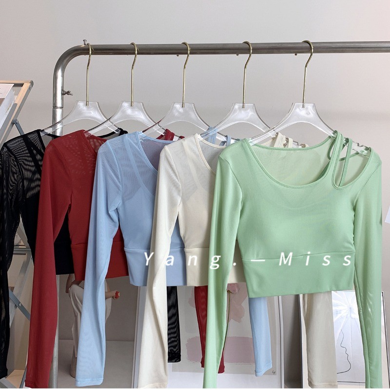 MAGIEYOGA(เบาะคงที่) เสื้อกีฬาเซ็กซี่ตาข่ายกว้าง Hem แขนยาวโยคะเต้นรํา Crop Top