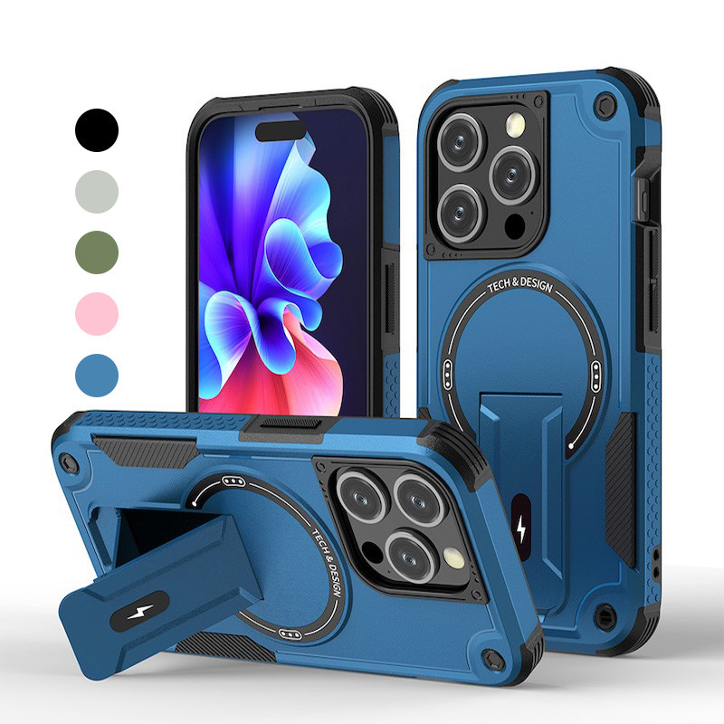 Cool Mecha ขาตั้งแม่เหล็กที่มองไม่เห็นผู้ถือเคสโทรศัพท์หุ้มเกราะสําหรับ iPhone 16 15 14 13 12 Pro Max 16 Plus ไร้สายชาร์จ Hard ฝาหลัง