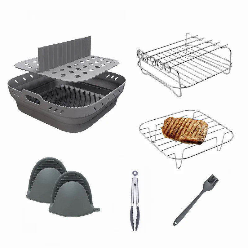 Air Fryer Accessories Silicone Air Fryer Liners with Stainless Steel Grill and Steaming Rack & Skewe