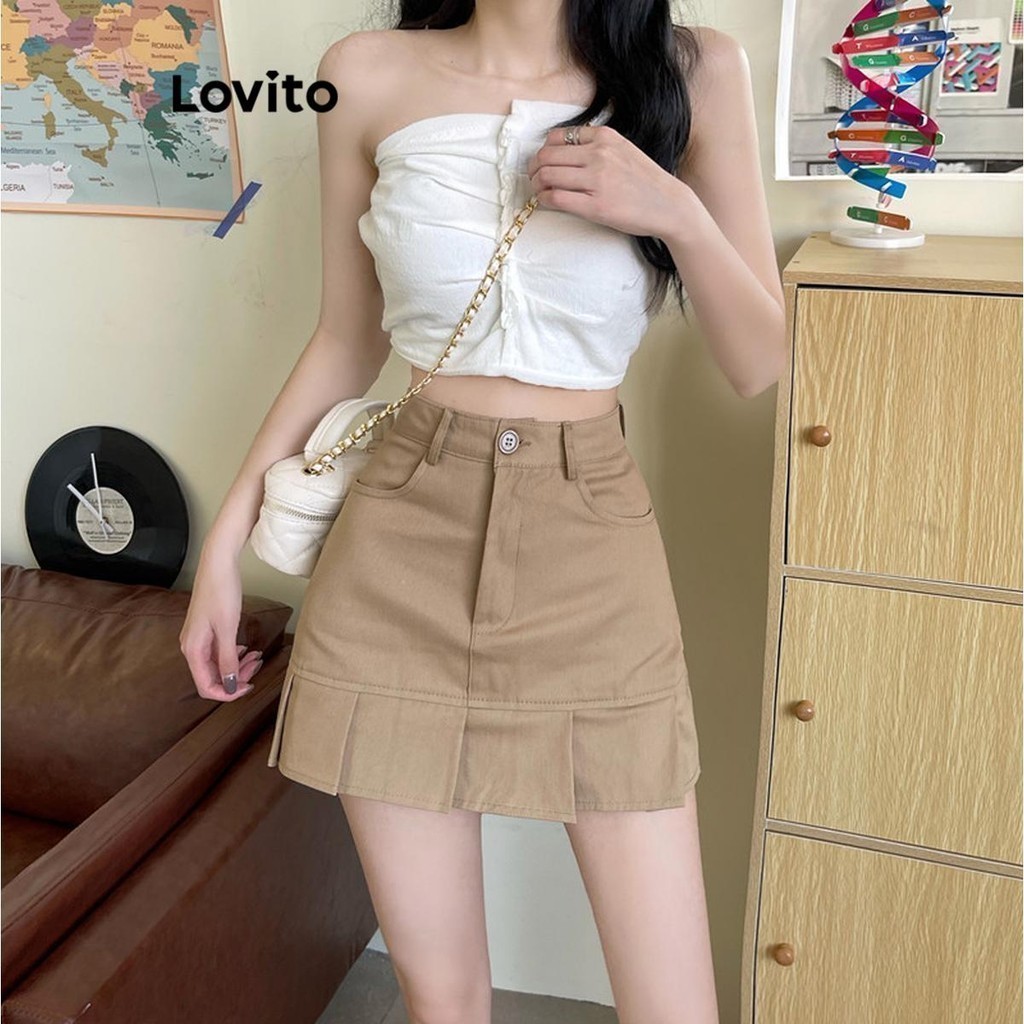 Lovito กระโปรงผู้หญิง จับจีบ สีพื้น สไตล์ลำลอง LNE58373