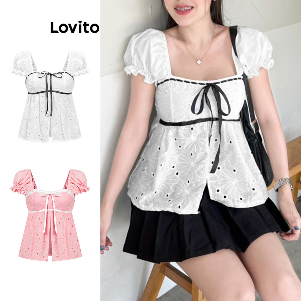 ซื้อ Lovito เสื้อเบลาส์ผู้หญิง ผูกเชือก สีพื้น สไตล์น่ารัก L88AD206(หลากสี)