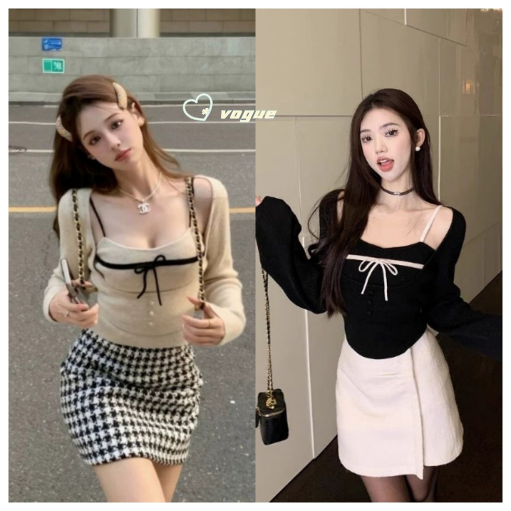 Vogue พร้อมส่ง สายสะพายไหล่เดี่ยวแฟชั่น + เสื้อคาร์ดิแกนถักแขนยาว คอต่ำเซ็กซี่ (85213+85212)