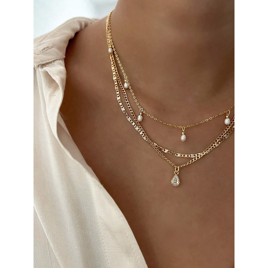 Shescity 1 ชิ้น Delicate & Simple Faux Pearl Drop จี้สร้อยคอหลายชั้น
