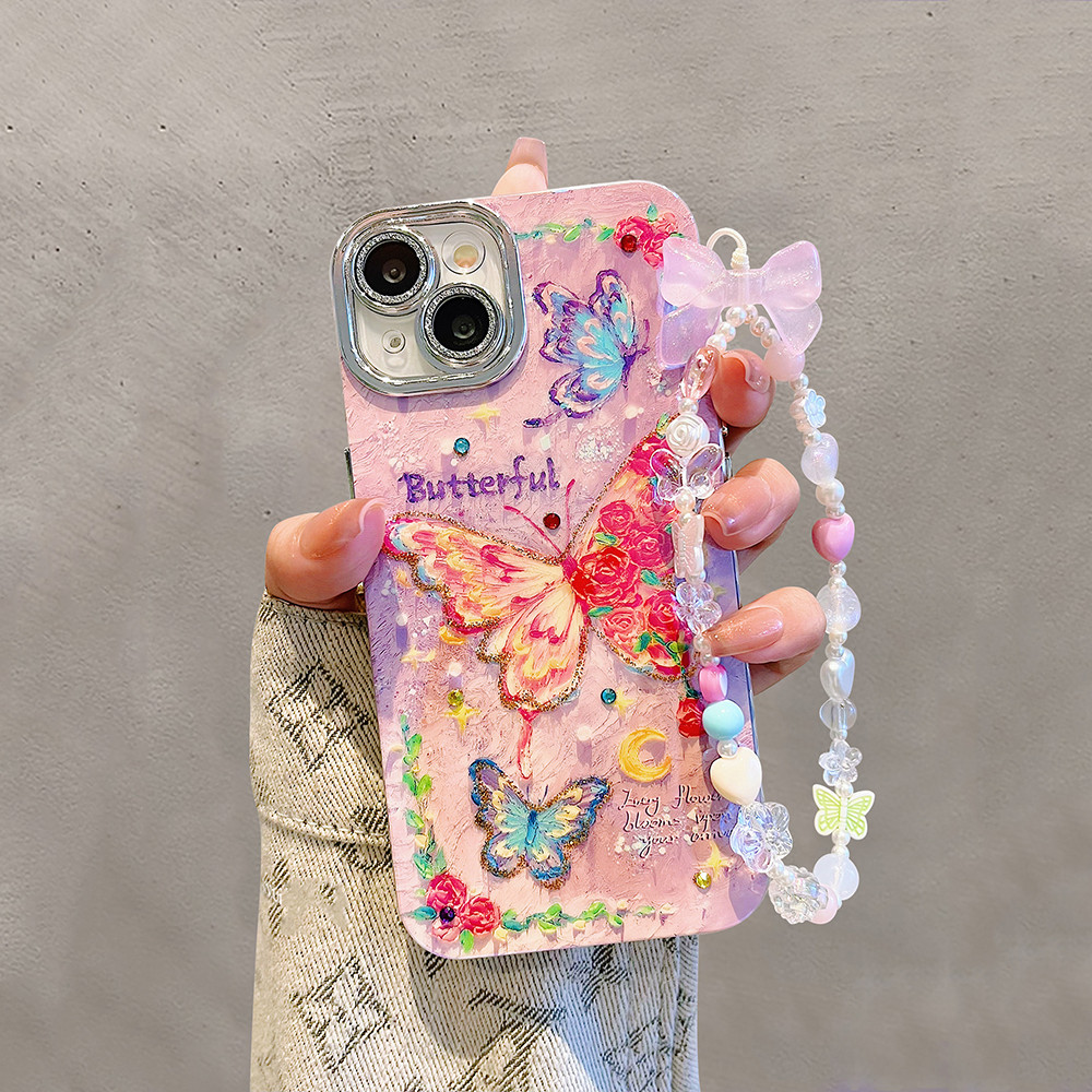 สําหรับiphone 16pro 16 Pro Max 15promax 14pro 12 13 14 15 Pro Max 11 13Promaxแฟชั่นผีเสื้อสีชมพูรูปแบบเคสโทรศัพท์พร้อมโซ่