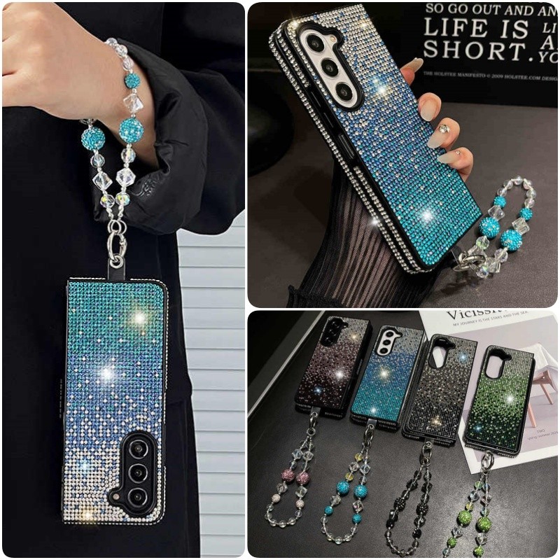 SAMSUNG Gradient Glitter Blingเคสโทรศัพท์Samsung Galaxy Zพับ 6 Zพับ 5 Zพับ 4 Zพับ 3 ปลอกคริสตัลสร้อยข้อมือสายคล้องข้อมือฝาครอบกันกระแทกFold6 Fold5