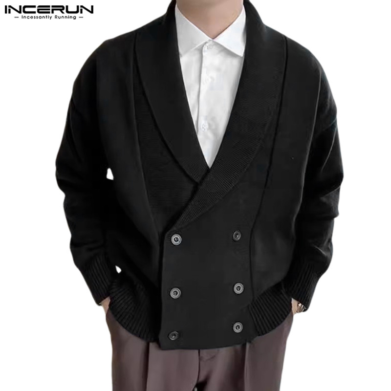 Incerun เสื้อสเวตเตอร์ถักแขนยาวสีทึบลําลองสําหรับบุรุษเกาหลีทุกวัน