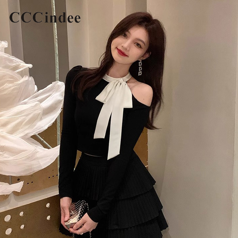 Cccindee เสื้อยืดผู้หญิง 2024 สไตล์ใหม่ Bowknot ถักแขนยาวคอไม่สมมาตร