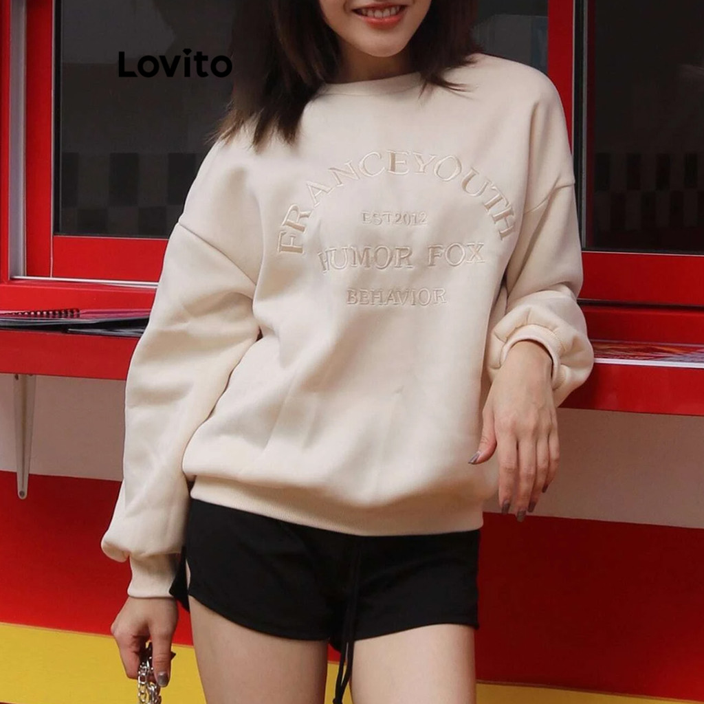 Lovito เสื้อสเวตเตอร์เย็บปักถักร้อยตัวอักษรลำลองสำหรับผู้หญิง L106AD278