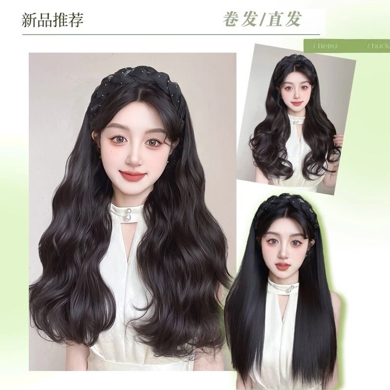 ที่คาดผมสีดําวิกผมหญิงรูปตัวยูครึ่งหมวกคาดศีรษะแฟชั่นผมหยิกยาววิกผมคาดศีรษะที่ถอดออกได้วิกผมคาดศีรษะครึ่งหมวกคาดศีรษะวิกผม