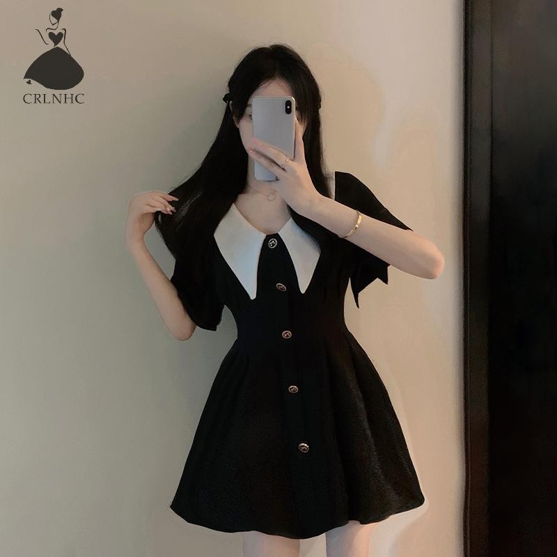 Crlnhc Black Peter Pan Collar Summer A-line Patchwork Women Casual Daily Mini Dress Th