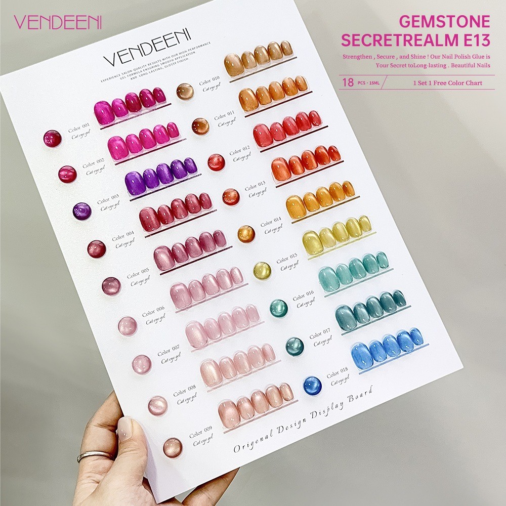 VDN เซ็ทสีเจลแคทอาย โทนสดใส อัญมณี เซตสีเจลทาเล็บ เซ็ท 18 สี แถมชาร์ตสำเร็จรูป VENDEENI - E13 -wenailsth