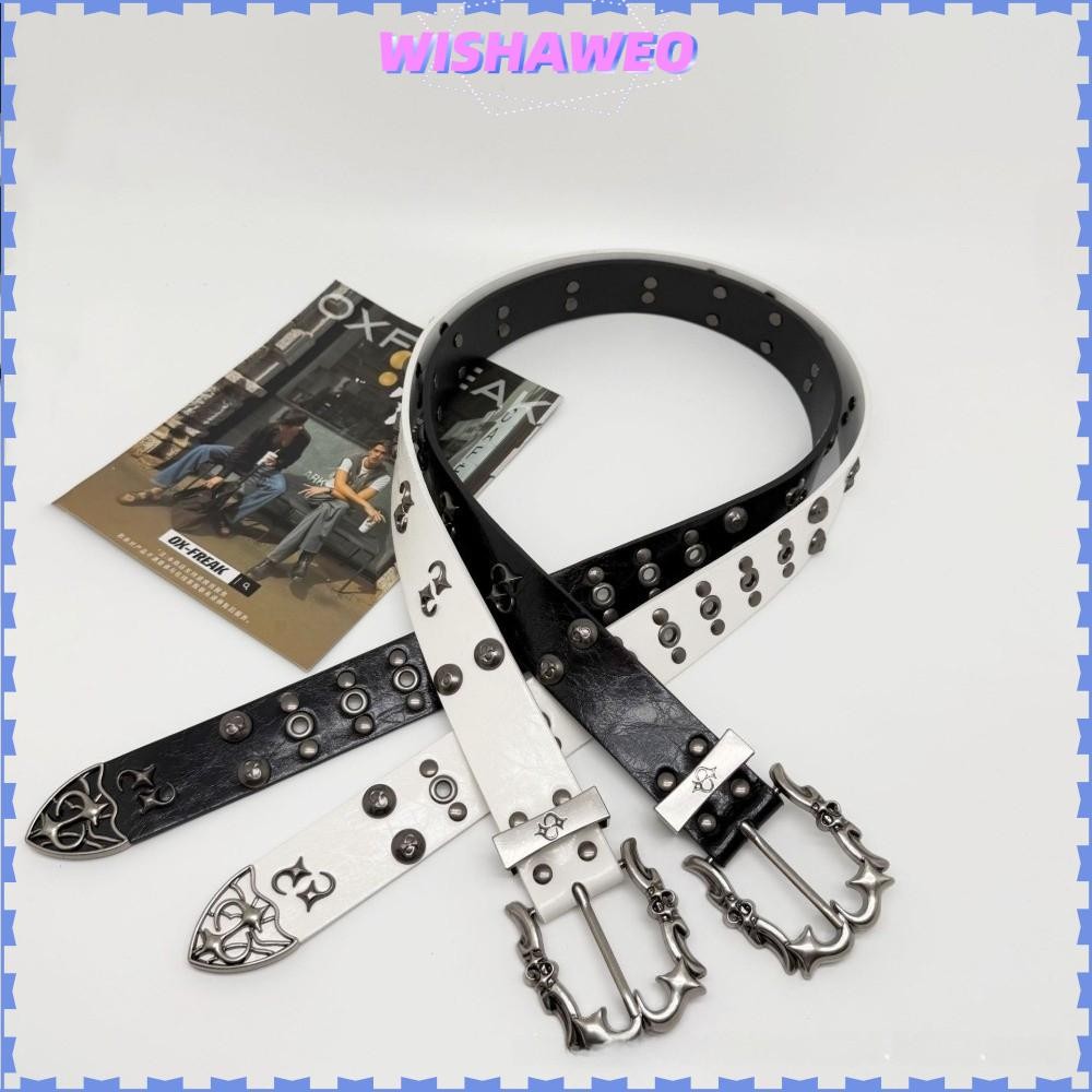 WISHAWEO เข็มขัดพังก์, เข็มขัดโกธิค Y2K แบบปรับได้, เข็มขัดคาดเอวหมุดย้ําย้อนยุคสไตล์ฮิปฮอป PU