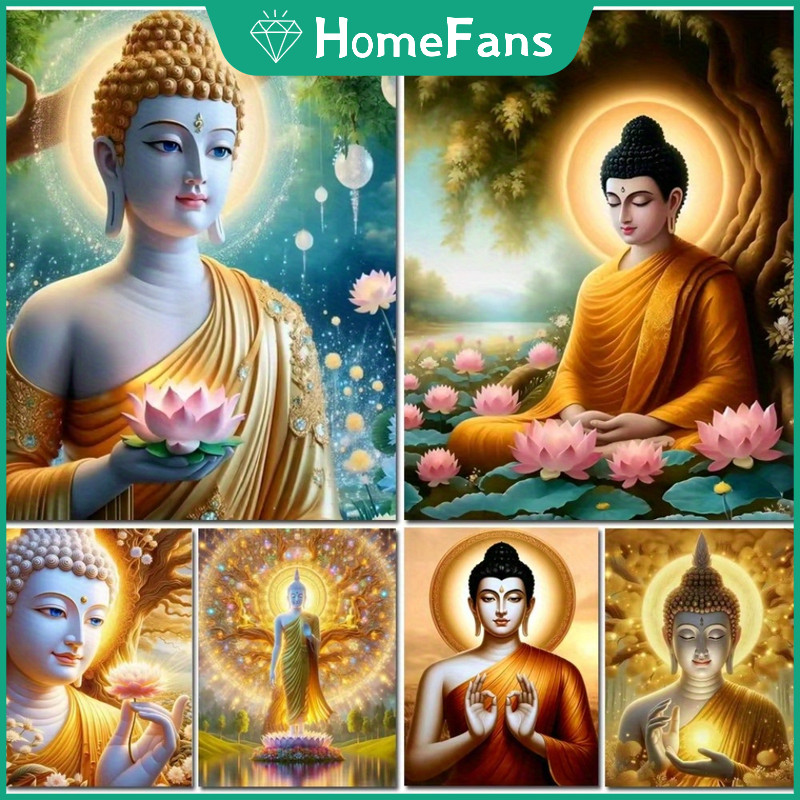HFGolden Buddha Lotus 5D DIY ภาพวาดเพชรรอบเพชร Rhinestone Cross Stitch Home Wall ตกแต่ง Unframed Art หัตถกรรมชุด