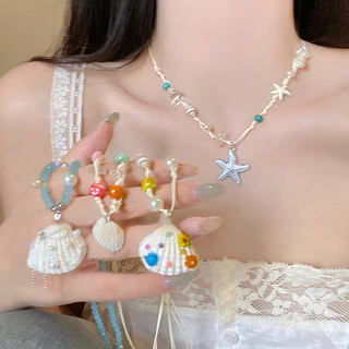 สร้อยคอพร้อมจี้ necklace สีโดพามีน เปลือกหอยและปลาดาว ลูกปัดสี แฟชั่นหวานๆ ส่งเร็วS1292