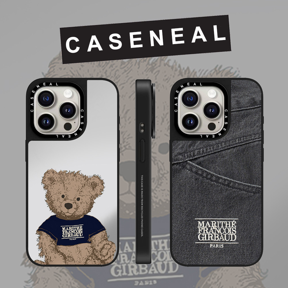 CASENEAL Graffiti ภาษาอังกฤษตุ๊กตาหมีกระจกใบหน้าเคสโทรศัพท์สําหรับ iPhone 16 Pro Max 15 Plus 14 ProMax 13 12Pro 11 โทรศัพท์กันกระแทกขอบนุ่มฮาร์ดป้องกันกรณี
