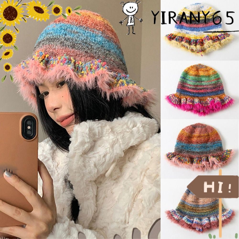 YIRAN ถัก Busket หมวก, ฤดูหนาวที่อบอุ่นสายรุ้งลายหมวกทําด้วยผ้าขนสัตว์นุ่ม, แฟชั่นโครเชต์ถักหมวกหมวก