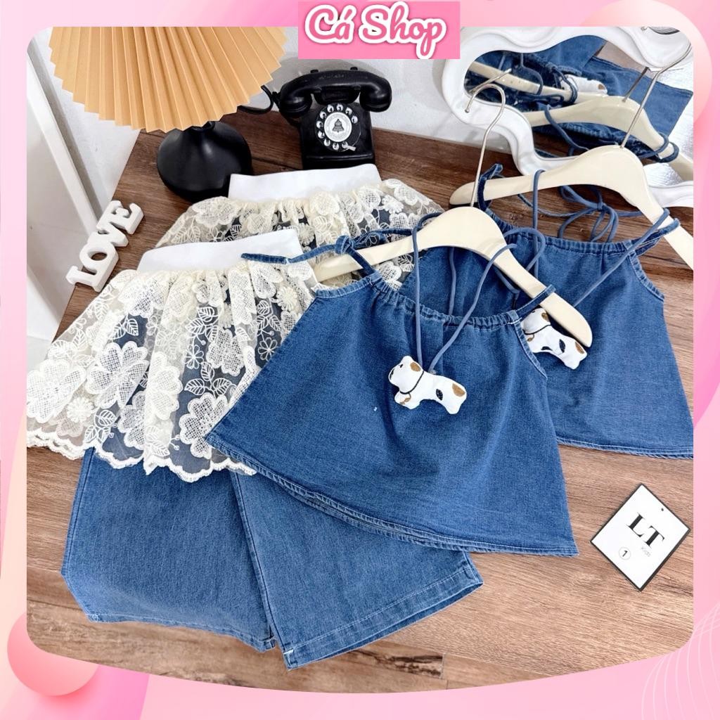 Discharge N38, (แถมสร้อยคอ) ชุด 2 ชิ้น พร้อมกางเกงยีนส์ cv ลูกไม้สําหรับเด็กผู้หญิง