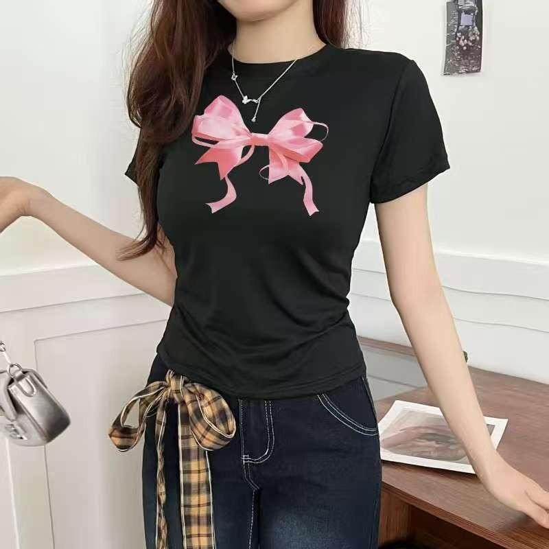 G01-05 เสื้อยืดสีดำ แขนสั้นพิมพ์ลายโบว์ สุดน่ารัก แนวเกาหลี หลายไซส์ ผ้านิ่มสวมใส่สบาย ใส่ได้ทุกโอกาส ราคาถูก