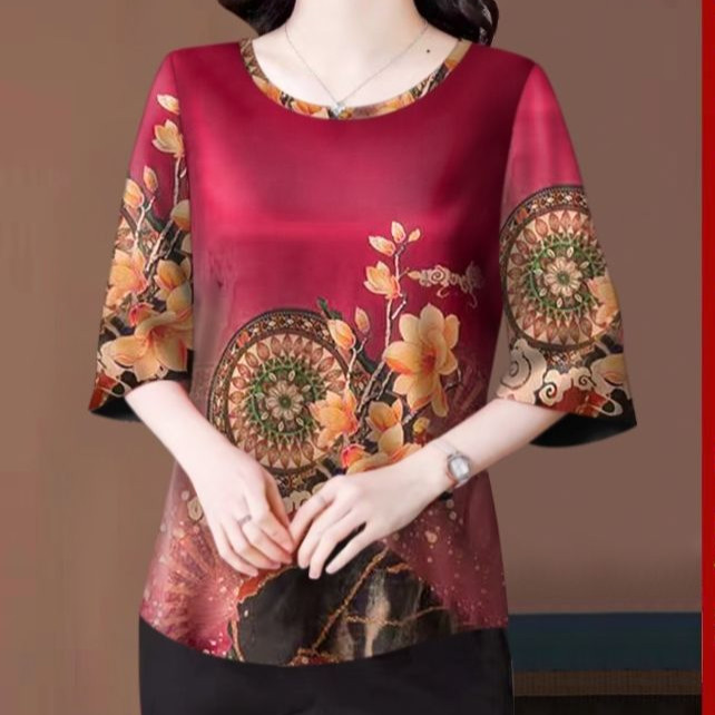 เสื้อเชิ้ตลายไหมน้ำแข็งสำหรับสตรีวัยกลางคนและผู้สูงอายุ ไซส์ใหญ่ สบายในหน้าร้อน