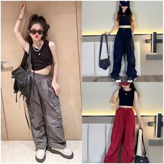 กางเกงคาร์โก้ฤดูร้อนสำหรับเด็กผู้หญิง กางเกงหลวมขากว้างบางสบ…