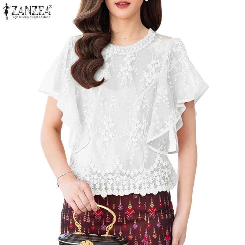 เสื้อพัทเวิร์คสำหรับผู้หญิง สไตล์เกาหลีเรียบหรู ระบายหลังและขอบคอ O-neck