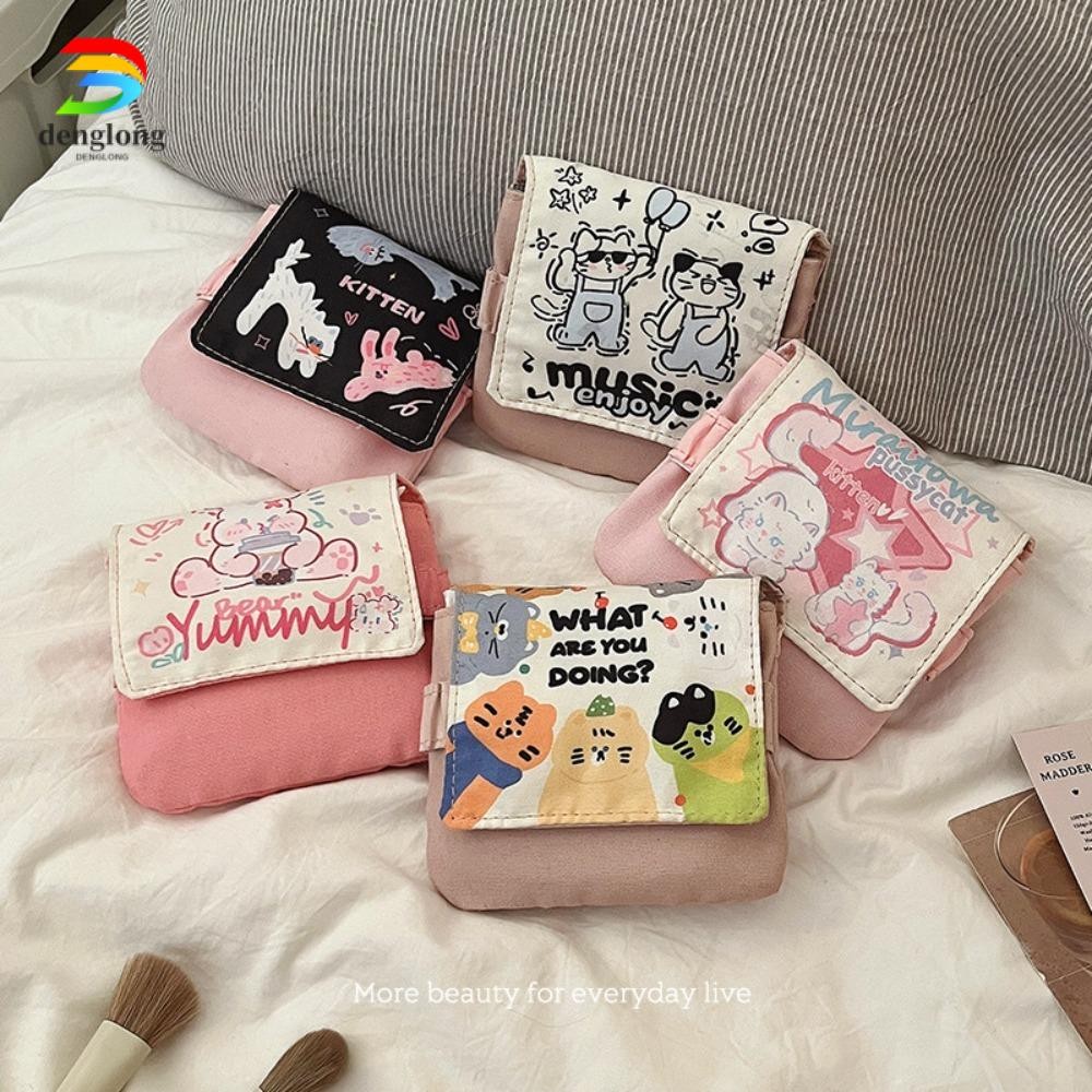 DENGLONG กระเป๋าผ้าอนามัย, สายเคเบิลข้อมูล Organizer กระเป๋าเครื่องสําอางลูกแมวการ์ตูน, กระเป๋าใส่เหรียญความจุขนาดใหญ่อเนกประสงค์