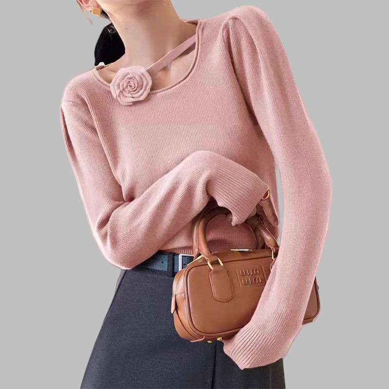 ฤดูใบไม้ร่วงฤดูหนาวสไตล์ใหม่รอบคอPullover Rose Hollowถักเสื้อกันหนาวหวานRoyal Sisterสไตล์หลวมแขนยาวห