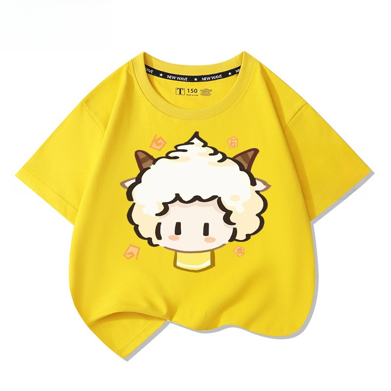 🎊 Summer Beaming and Grey Wolf Printed Children's Crew Neck Top Short Sleeve Cotton T-Shirt Unisex