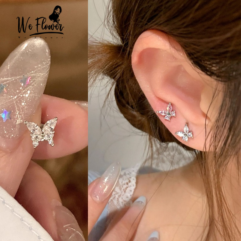 We Flower ต่างหูดอกไม้น่ารักทำจากเงินส925ประกายคริสตัล พร้อมสกรูสำหรับเจาะหู เพศหญิง