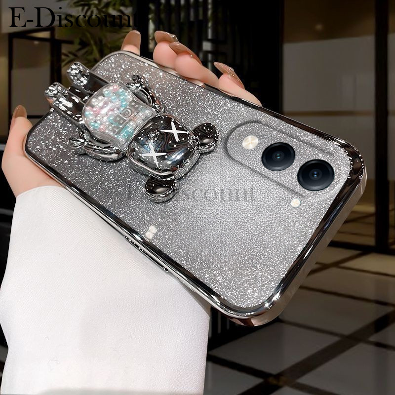 เคสโทรศัพท์ใหม่ Vivo Y04 / Y04S ฝาหลังการ์ตูน 3D หมีขาตั้งหรูหรา Slim Gradient ชุบ Glitter สาวมีสไตล