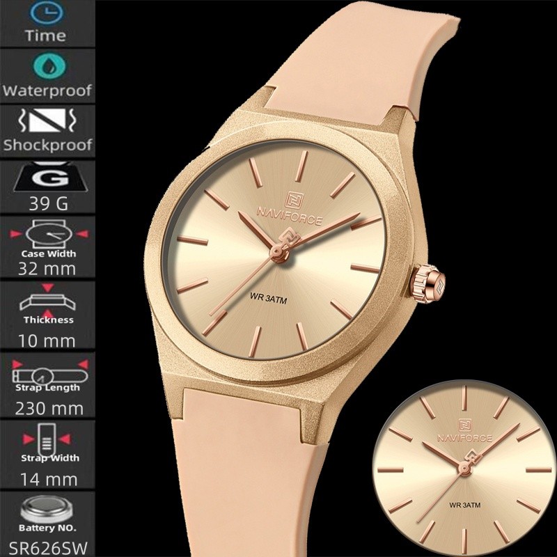 นาวีฟอร์ซ สไตล์เรียบง่ายสตรีควอตซ์นาฬิกากันน้ําแฟชั่นสายรัดซิลิโคนกรณีโลหะผสมจอแ
