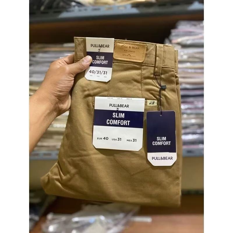 Pull And Bear Mens Slim Fit อย่างเป็นทางการ Casual Long Chinos กางเกงวัสดุยืด