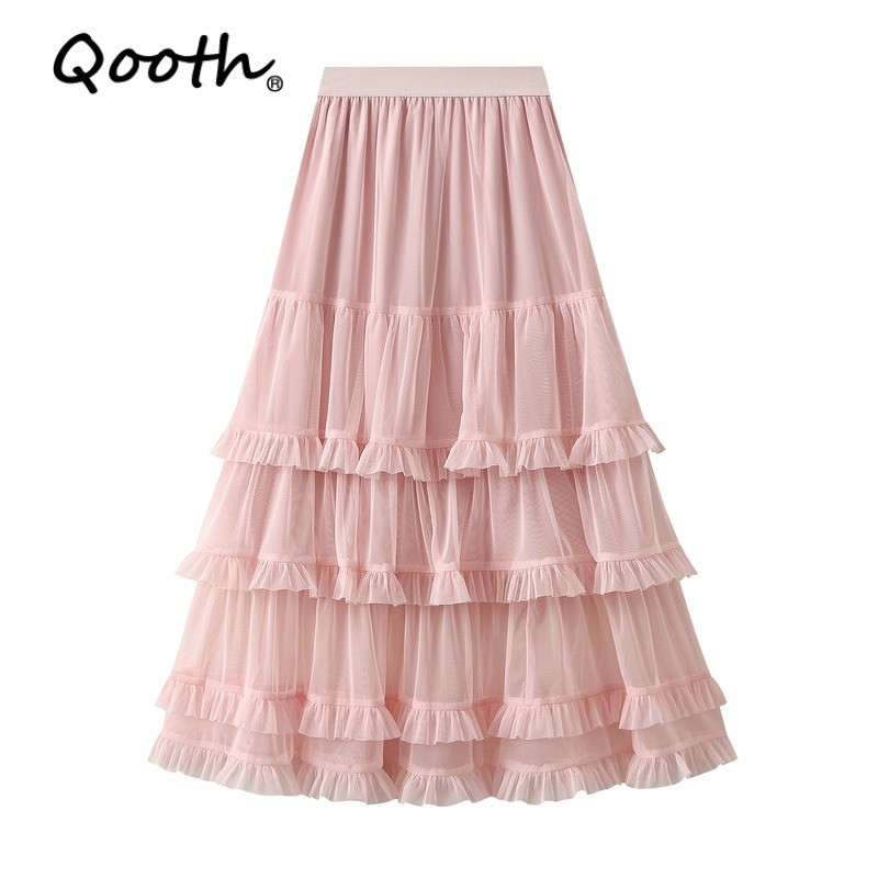 กระโปรงลาย Tulle มีระบาย กว้าง hem พร้อมเอวยืด สำหรับสวมใส่ลำลอง
