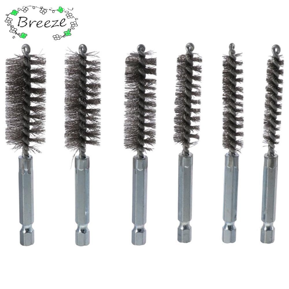 BREEZE 6 ชิ้นสแตนเลส Bore แปรง, 8/10/12/15/17/19 มม. ขนาดที่แตกต่างกันขนแปรงแปรงลวด, ทนทานกับ 1/4 "Hex Shank Twisted Wire Bore สนิม, หลอดทําความสะอาด
