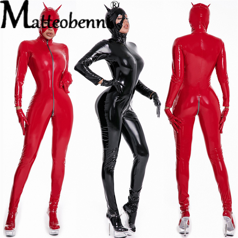 ชุด Catsuit Latex Wetlook สตรี เหมาะสำหรับHALOWEEN พิเศษด้วยPVCและPU มาพร้อมหน้ากาก