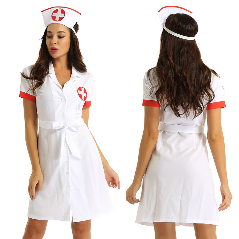 Halloween Women Nurse Fancy Dress Costume Lapel Collar Nurse Uniform with Belt Hat for Party Shows C