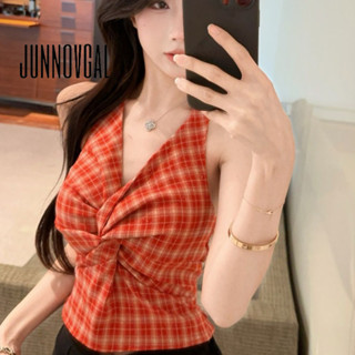 JUNNOVGAL เสื้อกล้ามแขนกุดหญิง ลายสก๊อตแฟชั่นใหม่ ปี