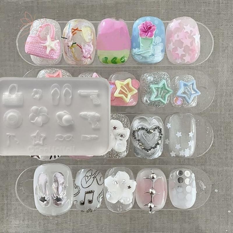 [maybeauty] 3D แม่พิมพ์ซิลิโคนตกแต่งเล็บ DIY ดอกไม้รองเท้าแตะหมวกแม่พิมพ์สําหรับเล็บเครื่องประดับหัตถกรรมโปร่งใสเล็บแม่แบบ {TH}