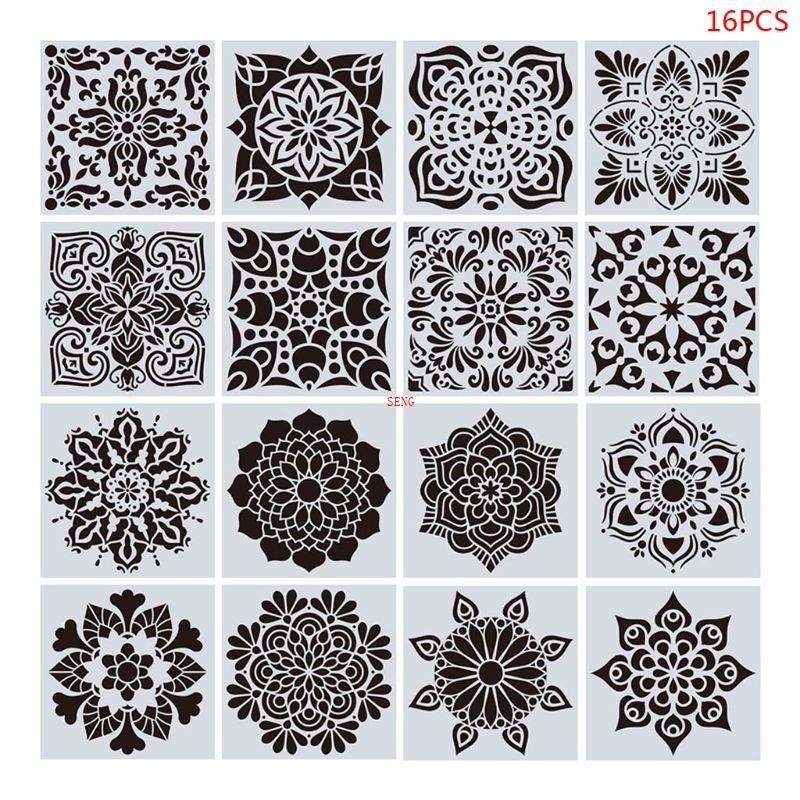 Seng 16 ชิ้นชุด Mandala Stencils DIY วาดแม่แบบภาพวาด Scrapbooking กระดาษการ์ด