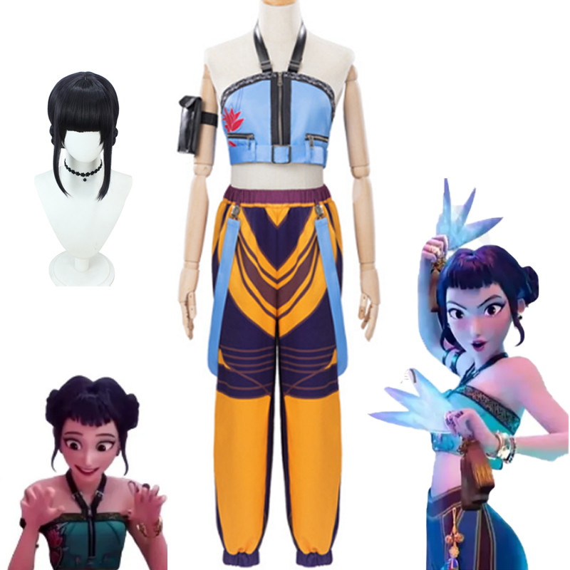 Virtual K‐Pop Demon Hunters เครื่องแต่งกายสําหรับผู้ใหญ่ผู้หญิง Zoey Blue Top กางเกงวิกผมฮาโลวีน Carnival Party ชุด