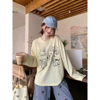 Cicishop(CM2098) เสื้อคอกลมแขนยาวทรงโอเวอร์ไซส์ พิมพ์ลายน้องหมาสีสดใส ใส่คลุมหน้าร้อนผ้าบางใส่สบาย