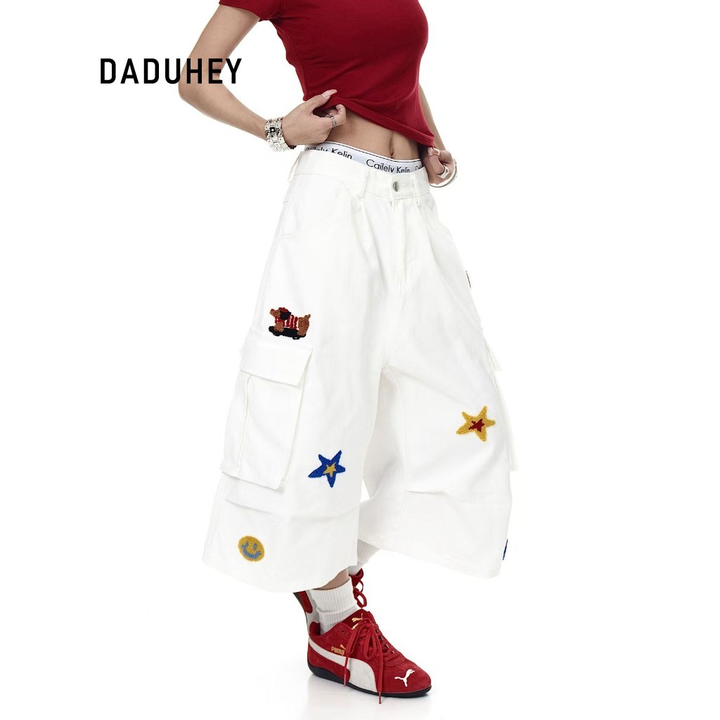 DaDuHey White Cropped Pants Women's American Retro Embroidered Multi-Pocket Loose Leisure All-Matching