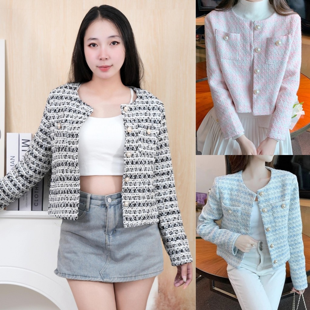 พร้อมส่ง  เสื้อไหมพรมทวิต งานสีพลาสเทล แต่งกระดุมมุก6 เม็ด แฟชั่นสไตล์ลูกคุณหนู