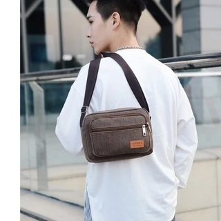 จัดส่ง 2-3 วัน กระเป๋าสะพายข้างผ้าแคนวาสหนา ทนทาน สไตล์เกาหลี จุของเยอะ มีซิป กระเป๋ากีฬา
