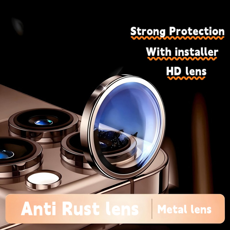 เลนส์กระจกนิรภัย HD คลิกเดียวติดตั้งฟิล์มป้องกันเลนส์กล้อง/Desert Titanium เข้ากันได้กับ iPhone 11/12/13/14/15/16 Pro Max Plus12/13 mini การป้องกันเลนส์โลหะ