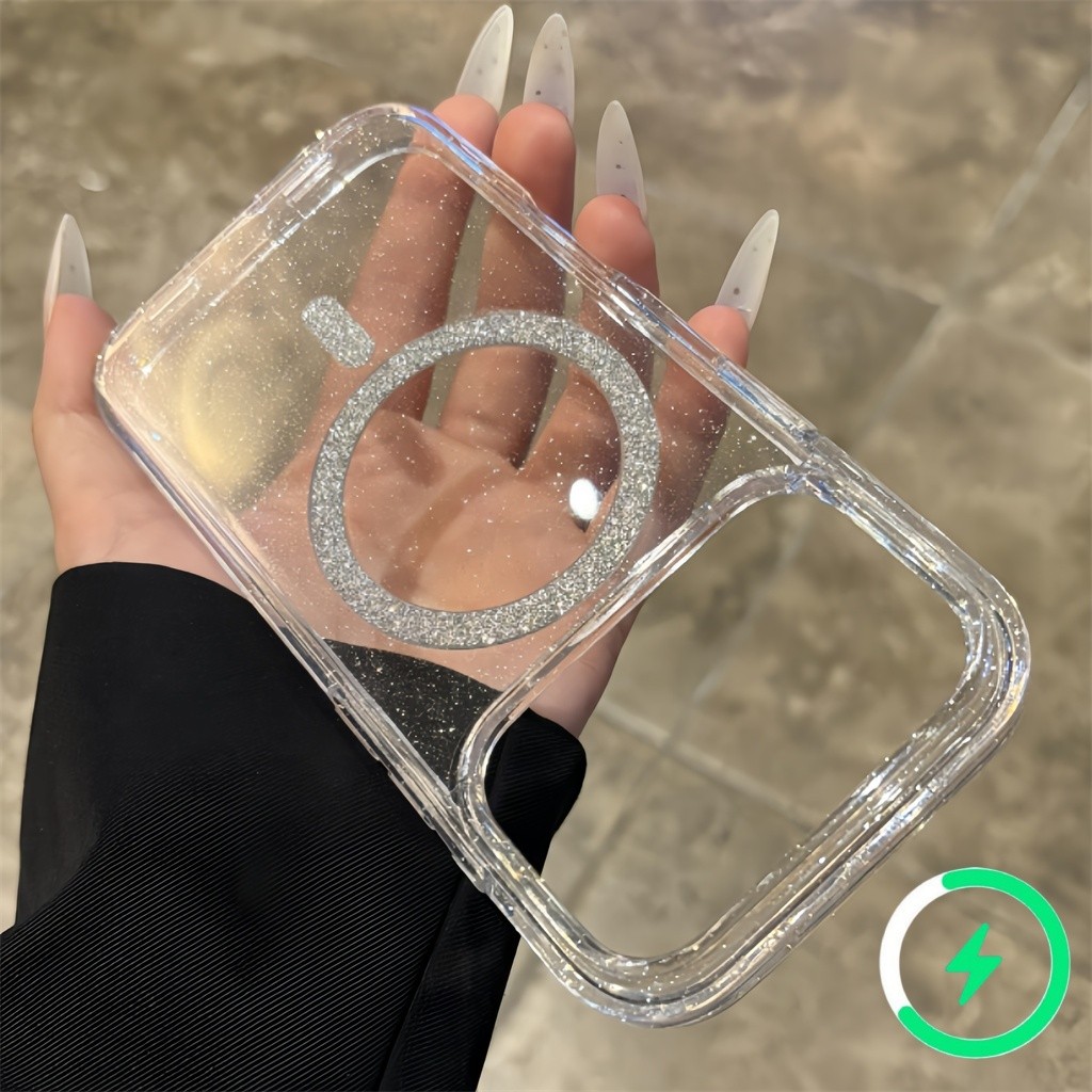 IPhone 17 Pro Max กรณีแม่เหล็กชาร์จไร้สายสําหรับ iPhone 16 15 14 13 12 11 ProMax กรณี 16plus 17Air กรณี Clear Glitter Bling TPU กันกระแทกนุ่มปกหลัง