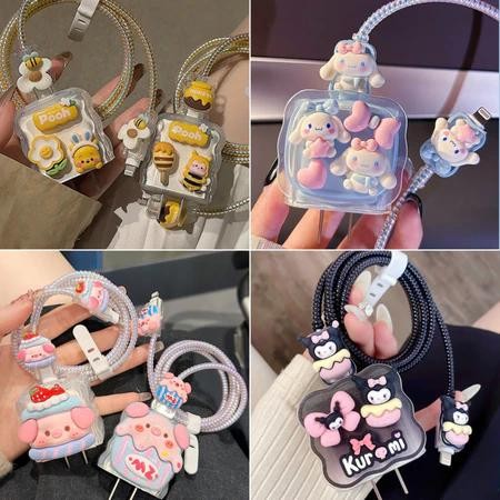 (1เซตมี5ชิ้น )พร้อมส่งจากไทย ชุดพันสาย เคสหัวชาร์จ ลายการ์ตูน ตัวถนอมสาย USB 20w 18w 35w