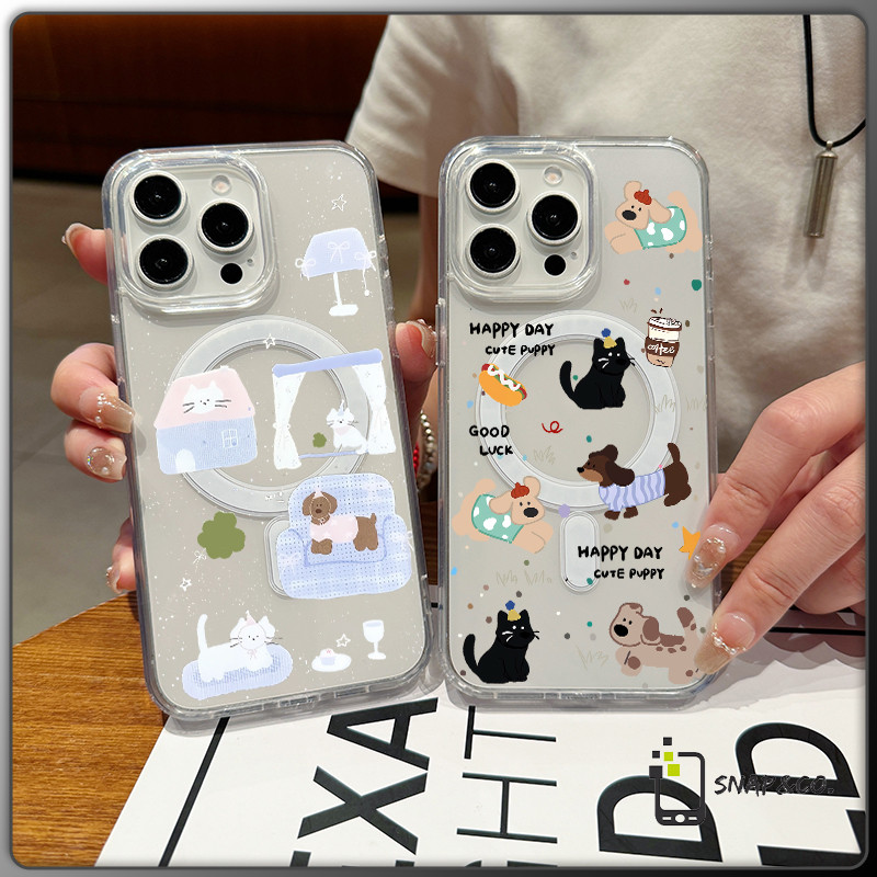 การชาร์จแบบไร้สาย เปลือกแม่เหล็ก สติกเกอร์สุนัขและแมวน่ารัก for iPhone X XS MAX XR 7/8PLUS 16 15 14 เคสไอโฟน 13 12 11 PR